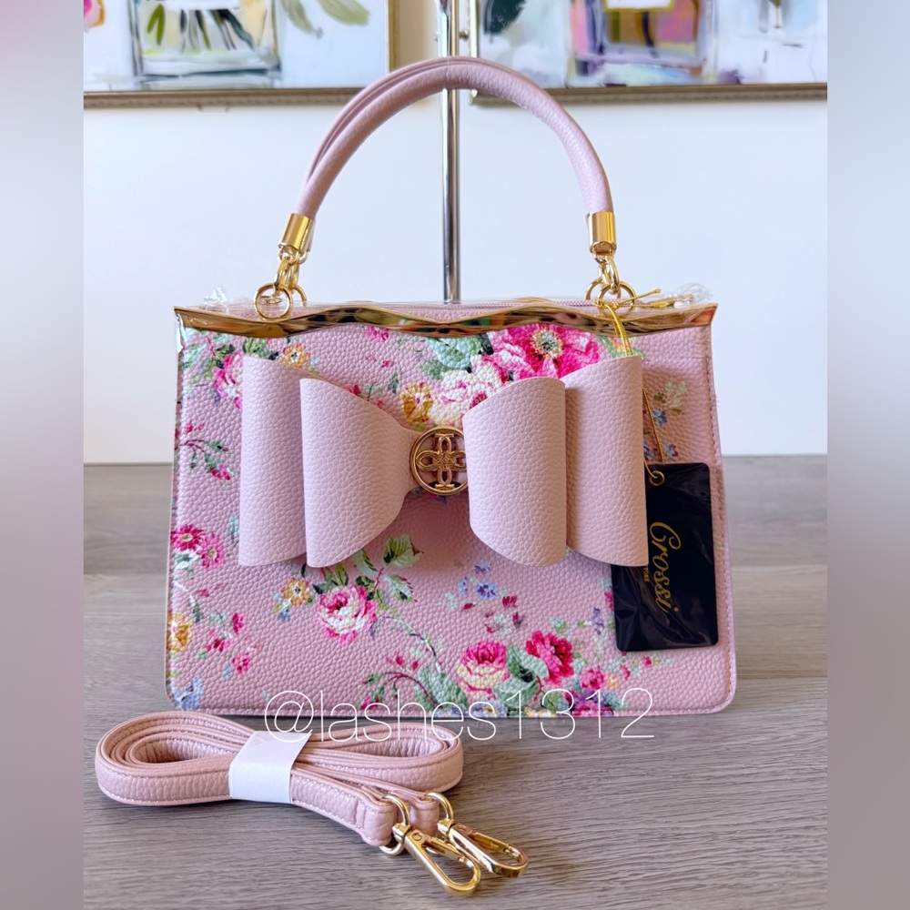 CROSSI Bag Blush Pink Satchel with Oversized Bow - Floral Print